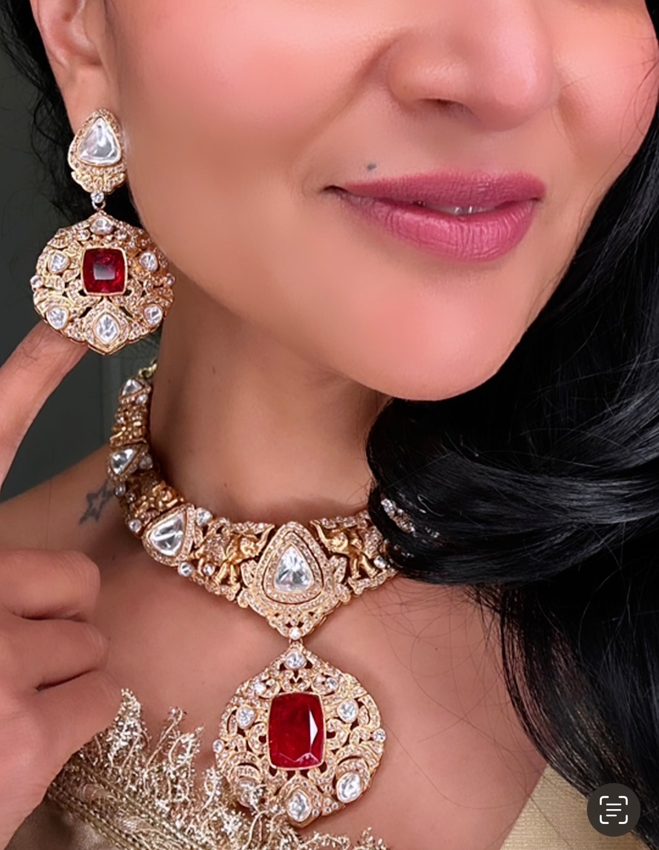 Chandni Necklace in Kundan, Gold and Ruby with Elephant Design