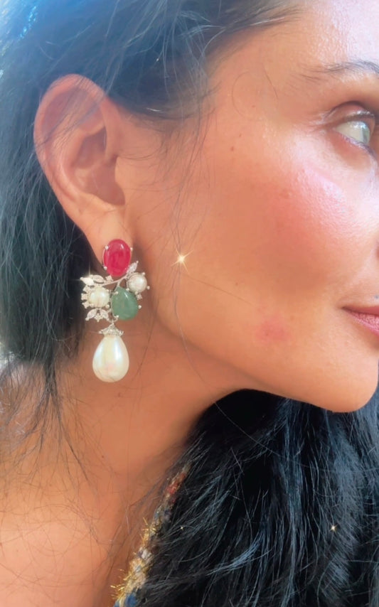 Tutti Frutti Earrings - Emerald, Ruby and Pearls